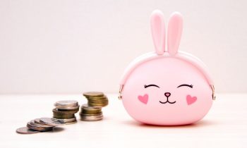 A pink rabbit-shaped wallet sitting next to coins on a desk.