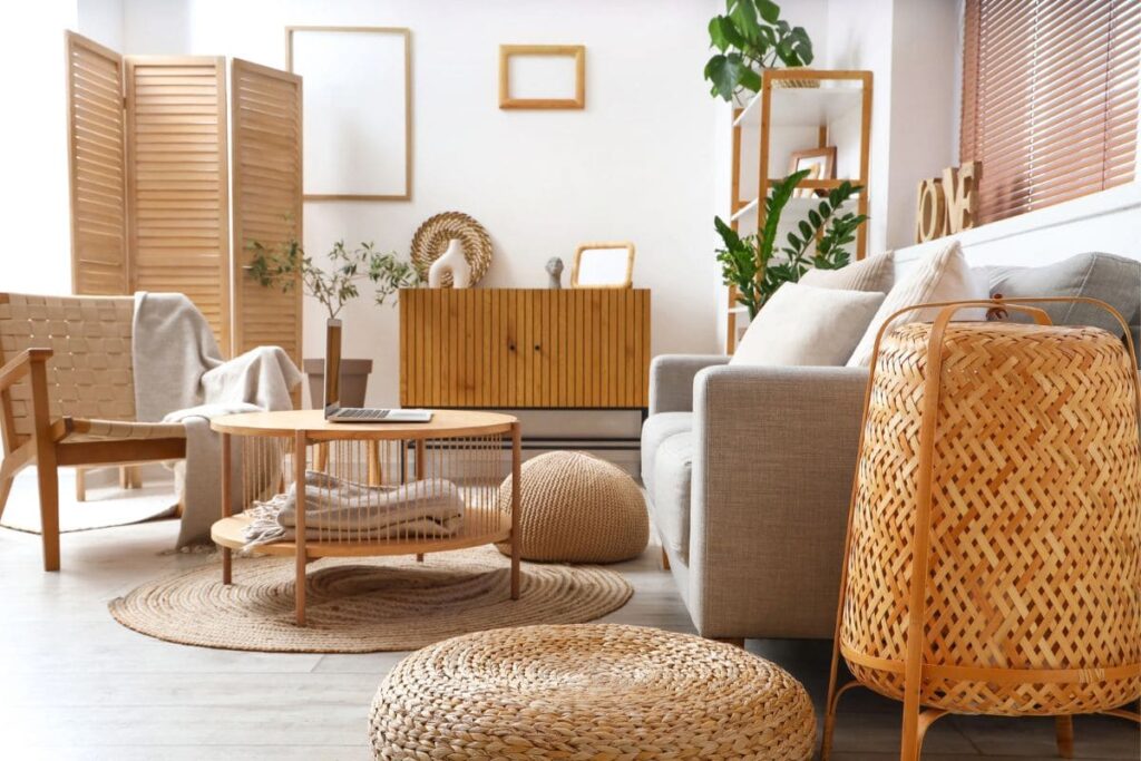 A living room with cozy, trendy furniture, a couch, coffee table, chair, and cabinet.