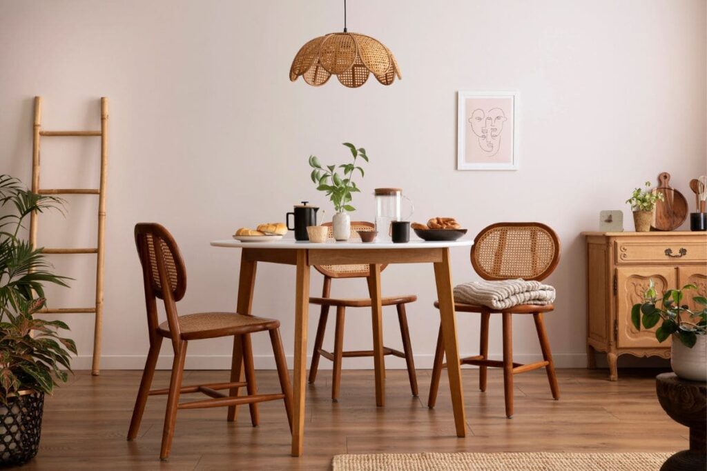 A kitchen with an assortment of eclectic furniture, a midcentury table and chairs, and a vintage side board.