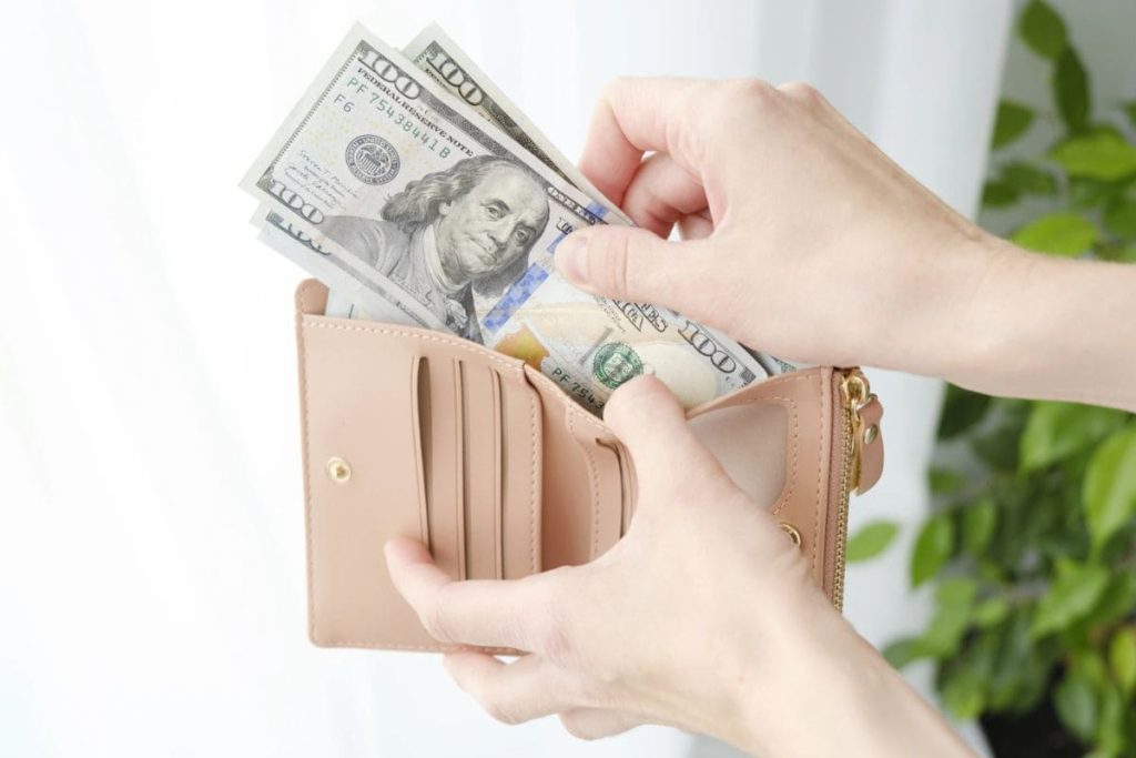 A woman's hands, holding an open wallet with cash.