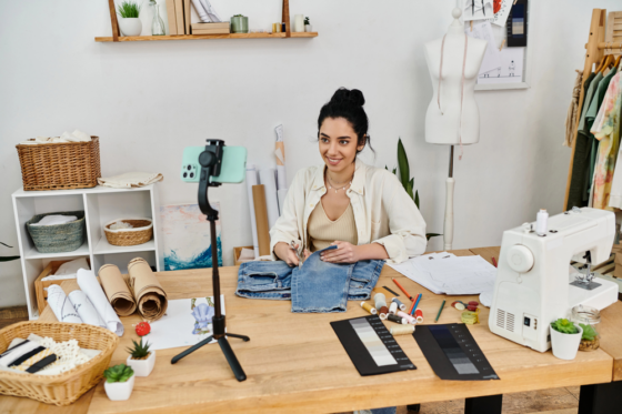 A woman using a smal machine to make money from home