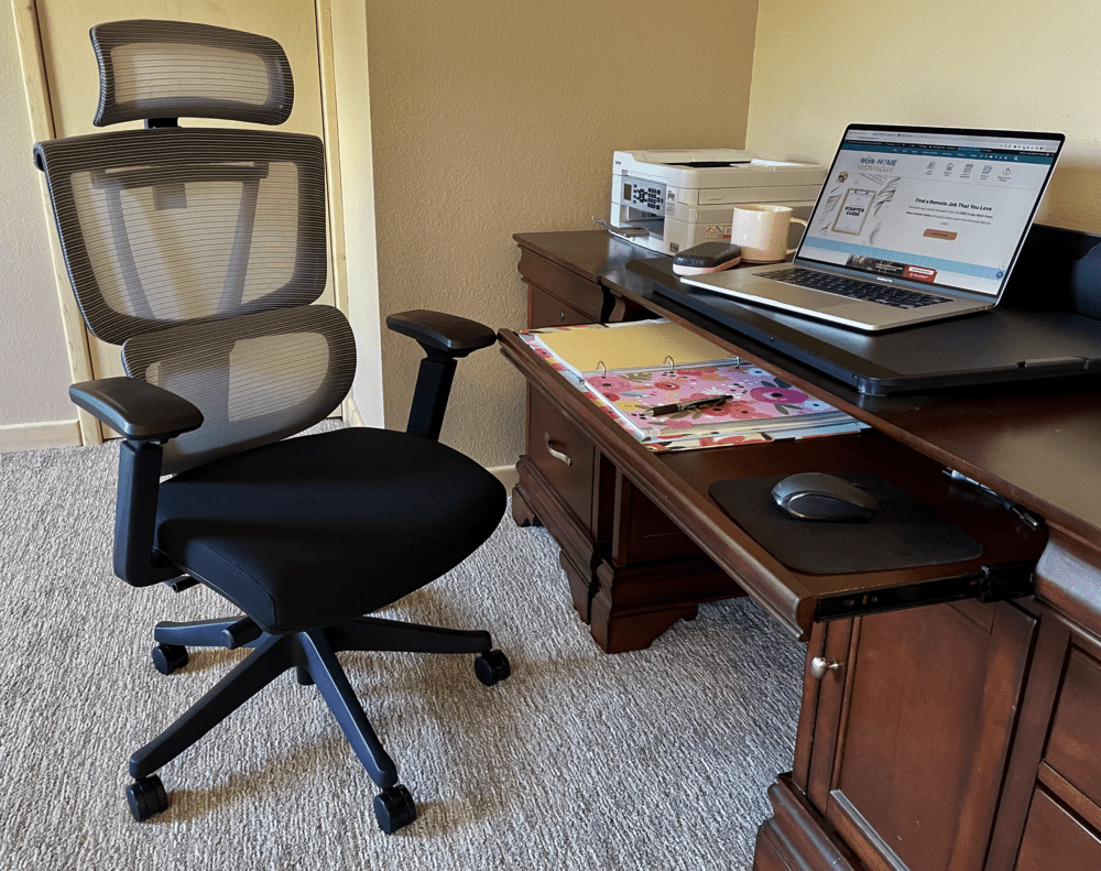 Home office essentials: FlexiSpot Chair, Desk, Laptop, Notebook, Printer, and Pens