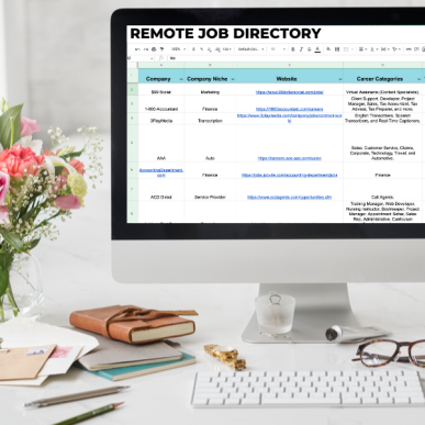 Computer on desk with a vase if flowers, with the computer displaying the remote job directory