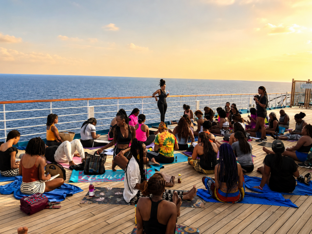 Sasha Espada, Cruise Planners franchise owner since 2013, leading a wellness-focused group session aboard a cruise ship.