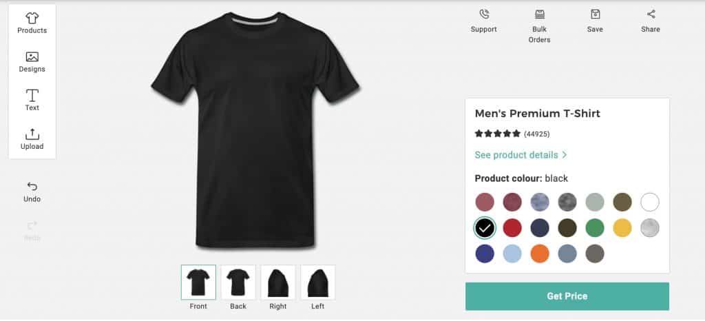 Image of Spreadshirt's design platform, showing product, color, and design selection options.